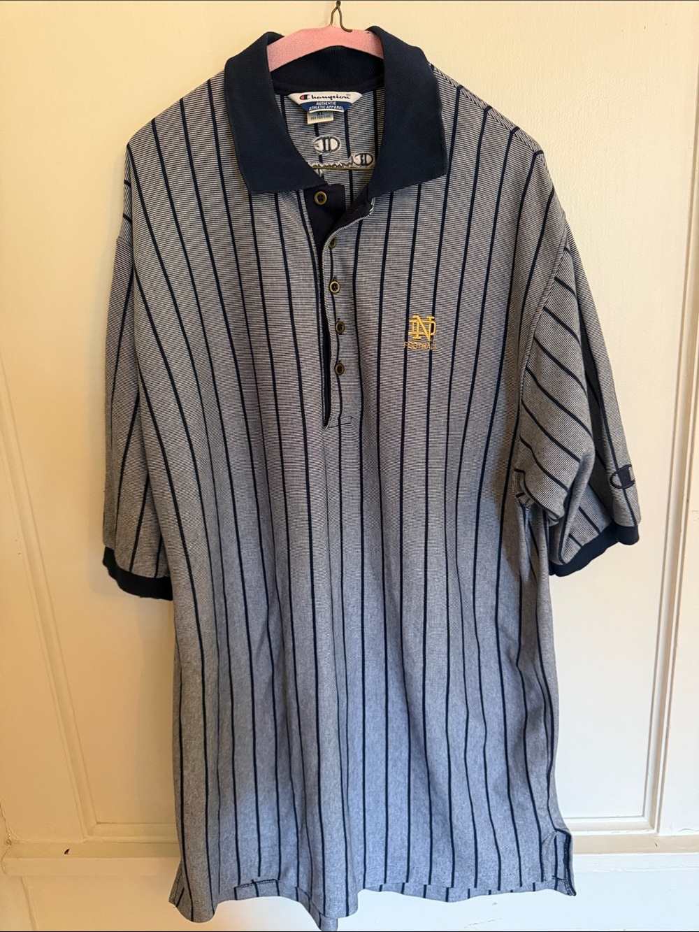 Vintage 90s Champion Notre Dame Fighting Irish Pinstripe Polo Shirt XL football